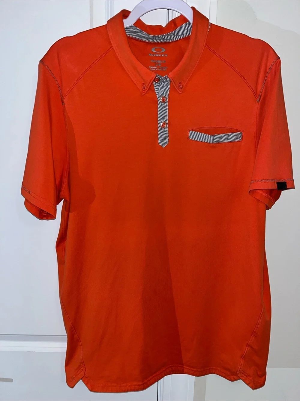 Oakley Cotton Blend Orange Gray Trim Golf pocket polo shirt L Tailored Fit Mens